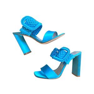Casadei Blue Satin Heel Mule Sandals Woven Size: 7 High Heel Aqua Blue